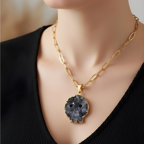 None Jewelry - Druzy Amethyst Skull Pendant with Gold Plated Siding on Stainless Steel Chain